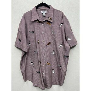 VTG Teddi Button Up Shirt 2X Embroidered Cats Burgundy Houndstooth Short Sleeve